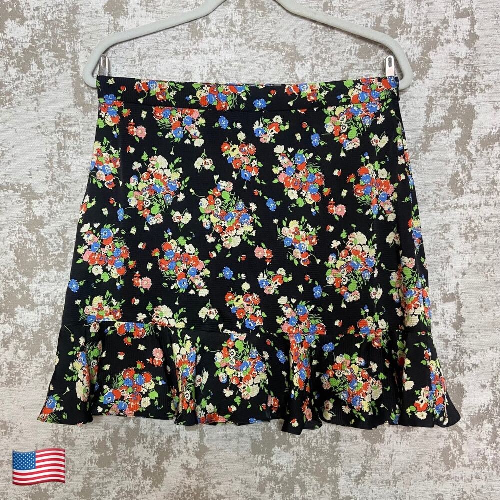 Boden Satin Floral Ruffle Hem Mini Skirt in Black/Multicolor